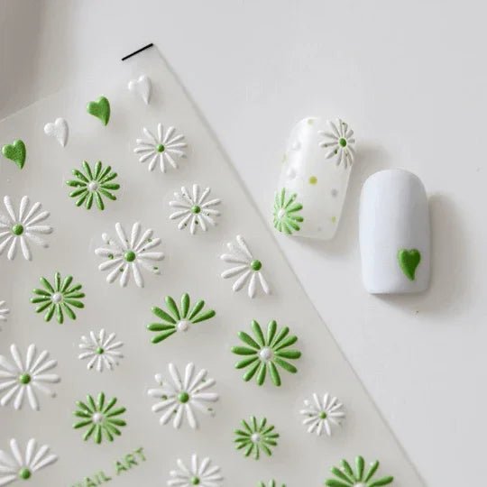 5D Daisy Nail Stickers, Green and White Daisy Nails Art Decal (37)