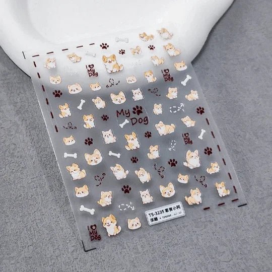 5D Corgi Nail Decal, Puppy Nail Art Stickers, Cute Dog Embossed Nail Stickers (402) - TensorNailArt