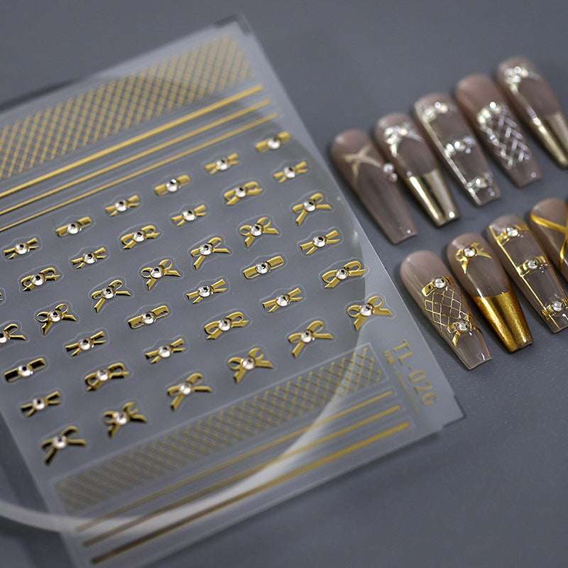 5D Gold and Silver Bowknot Nail Stickers, Line Nail Decals, Diamond Nails Art Stickers (433) - TensorNailArt