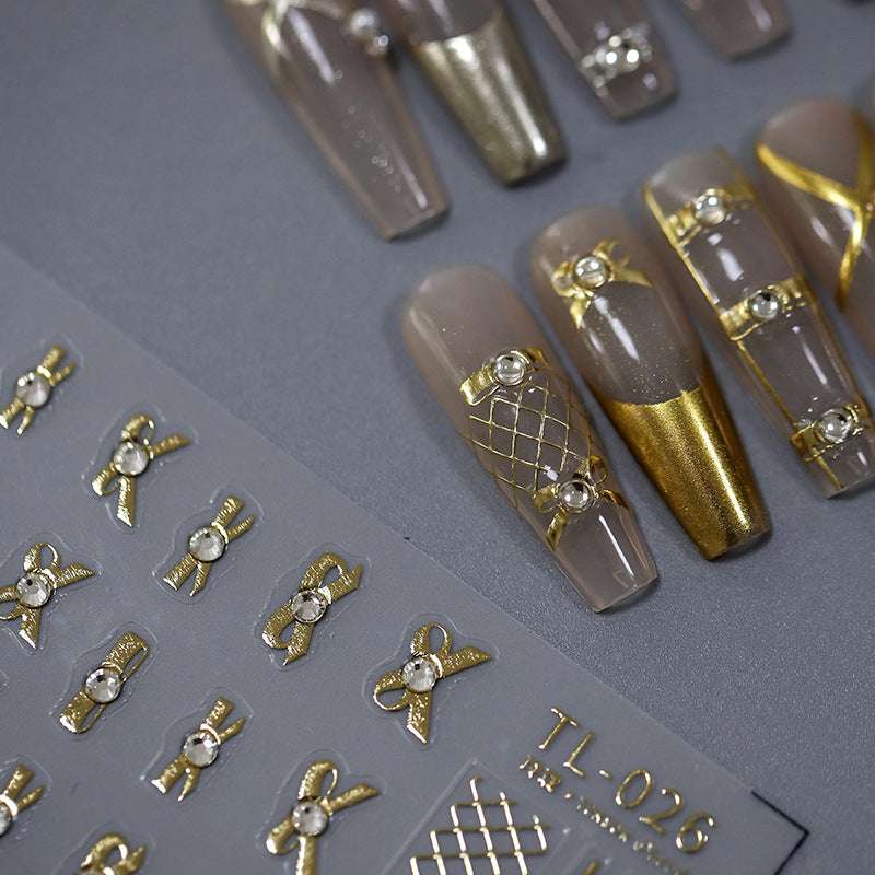 5D Gold and Silver Bowknot Nail Stickers, Line Nail Decals, Diamond Nails Art Stickers (433) - TensorNailArt