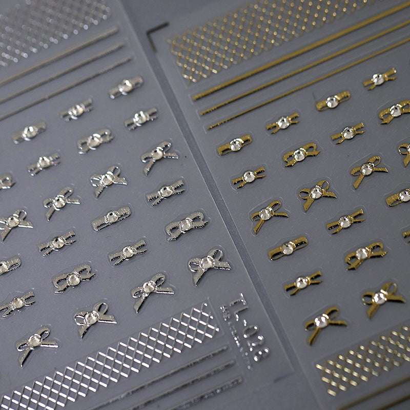 5D Gold and Silver Bowknot Nail Stickers, Line Nail Decals, Diamond Nails Art Stickers (433) - TensorNailArt