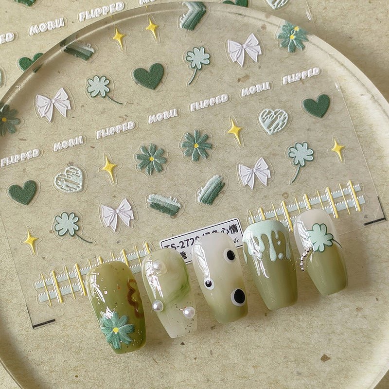 Green Daisy Nail Art Stickers with Heart & Bow (432) - TensorNailArt