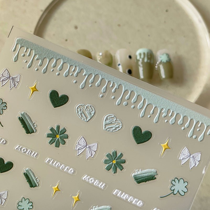 Green Daisy Nail Art Stickers with Heart & Bow (432) - TensorNailArt