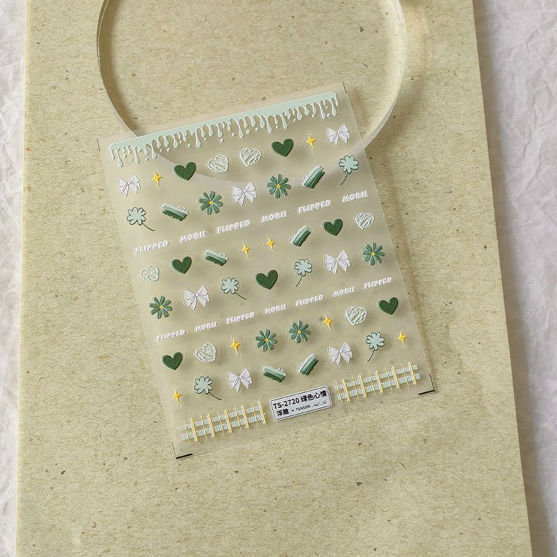 Green Daisy Nail Art Stickers with Heart & Bow (432) - TensorNailArt