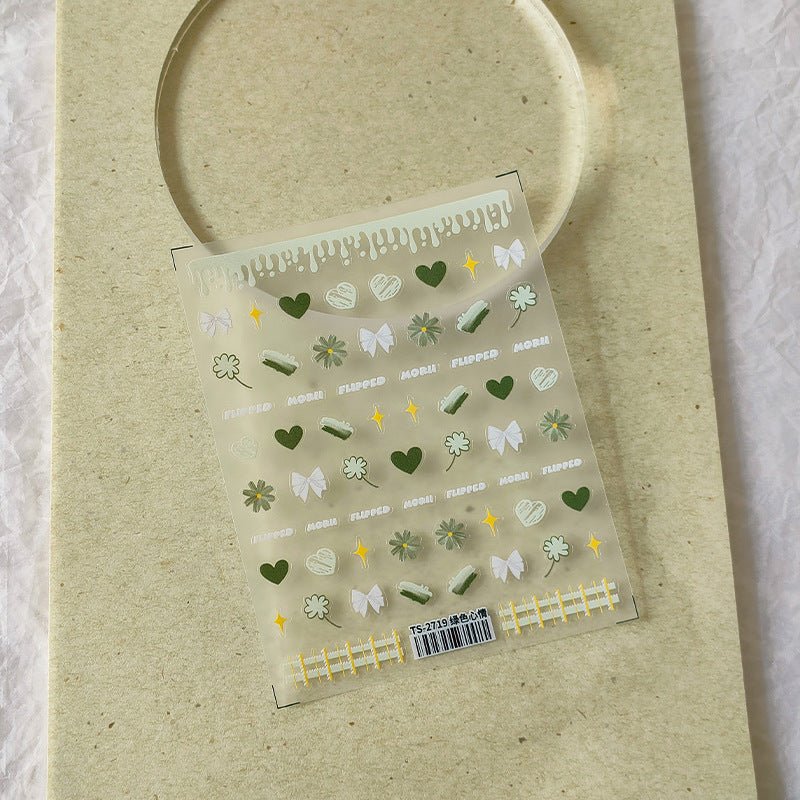 Green Daisy Nail Art Stickers with Heart & Bow (432) - TensorNailArt
