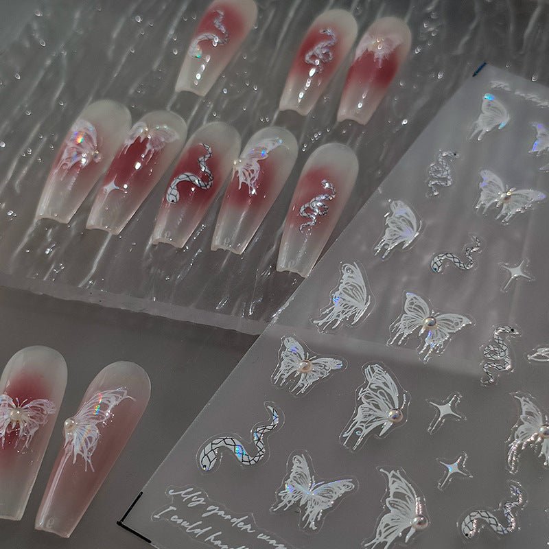 White Butterfly With Pearl Nail Art Stickers, White Snake Nail Art Decals (462) - TensorNailArt
