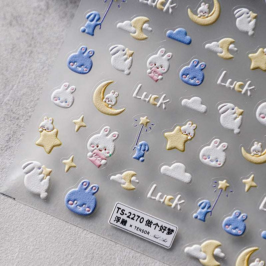 5D Cute Ribbit Nail Art Decals, Bunny Nails Stickers, Moon and Star Nail Decal, Luck Letter Nail Art Stickers (105)