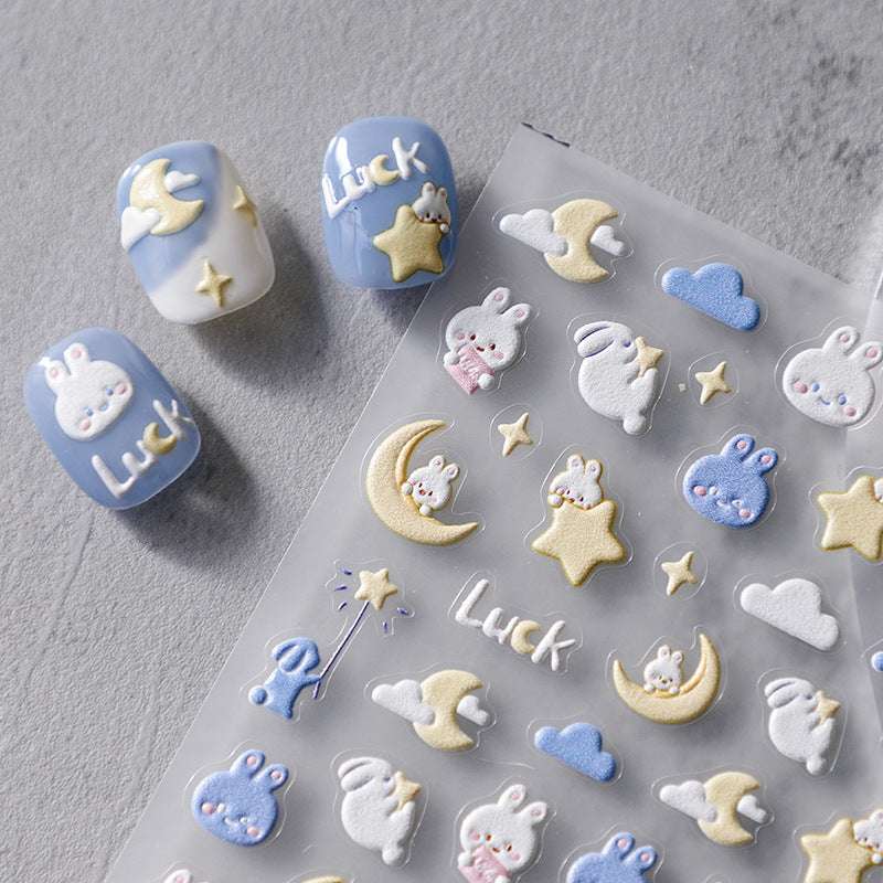 5D Cute Ribbit Nail Art Decals, Bunny Nails Stickers, Moon and Star Nail Decal, Luck Letter Nail Art Stickers (105) - TensorNailArt