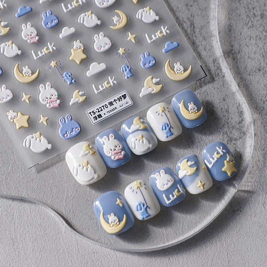 5D Cute Ribbit Nail Art Decals, Bunny Nails Stickers, Moon and Star Nail Decal, Luck Letter Nail Art Stickers (105)