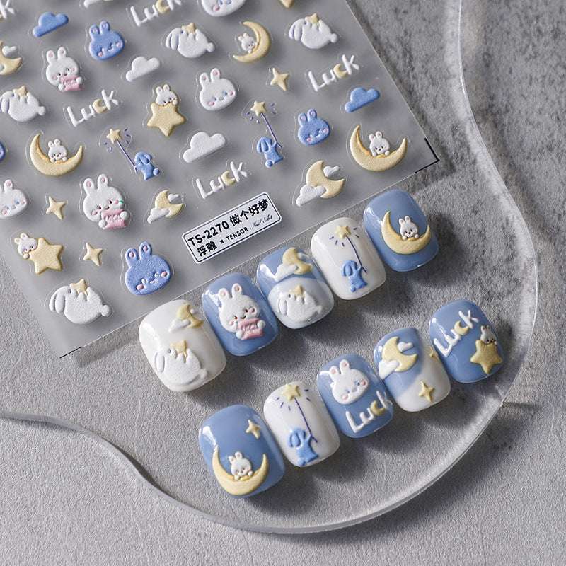 5D Cute Ribbit Nail Art Decals, Bunny Nails Stickers, Moon and Star Nail Decal, Luck Letter Nail Art Stickers (105) - TensorNailArt