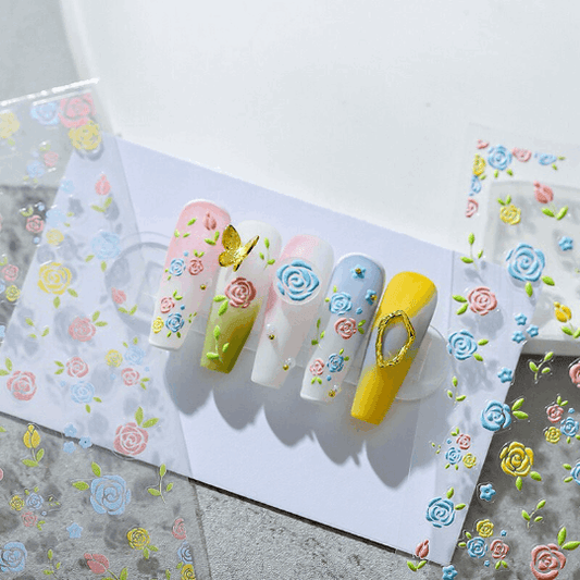 5D Multicolor Rose Nail Art Stickers, Blue Flowers Nail Stickers, Yellow Flower Nail Art Decal (118) - TensorNailArt