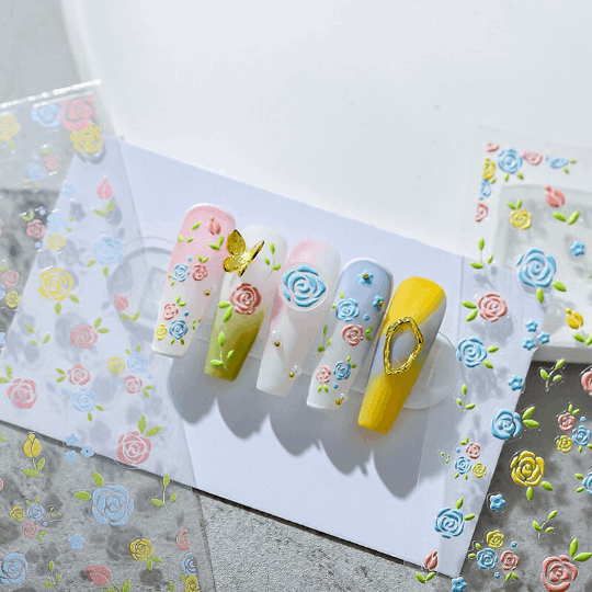 5D Multicolor Rose Nail Art Stickers, Blue Flowers Nail Stickers, Yellow Flower Nail Art Decal (118) - TensorNailArt