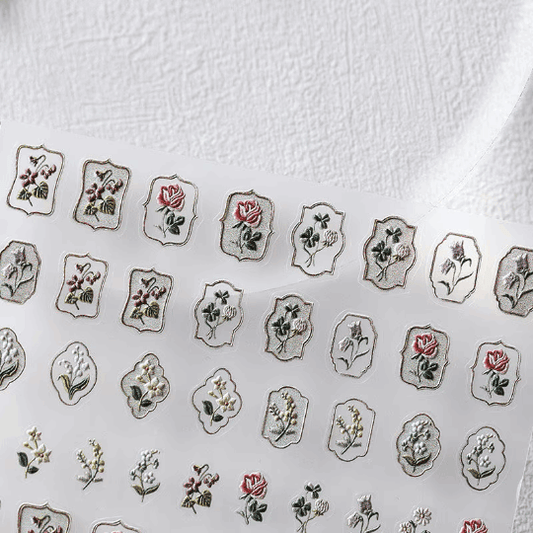 Floral Frame Nail Stickers, Flowers and Frames Nail Decal, Embossed (200) - TensorNailArt
