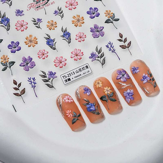 5D Pink Flower Nail Stickers, Puplue Flower Nail Decals(270) - TensorNailArt