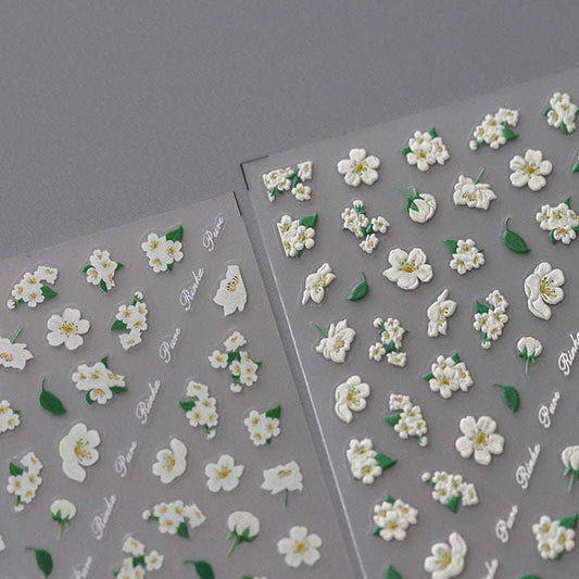 5D White Flowers Nail Stickers, Pear Blossom Nails Decal, Spring Nail Art Stickers(314） - TensorNailArt