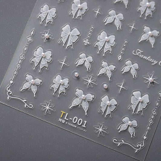 5D White Bowknot Nail Decal, Pearls Nail Decals, Star Nails Art Stickers, Embossed (330) - TensorNailArt