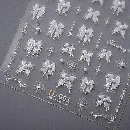 5D White Bowknot Nail Decal, Pearls Nail Decals, Star Nails Art Stickers, Embossed (330) - TensorNailArt