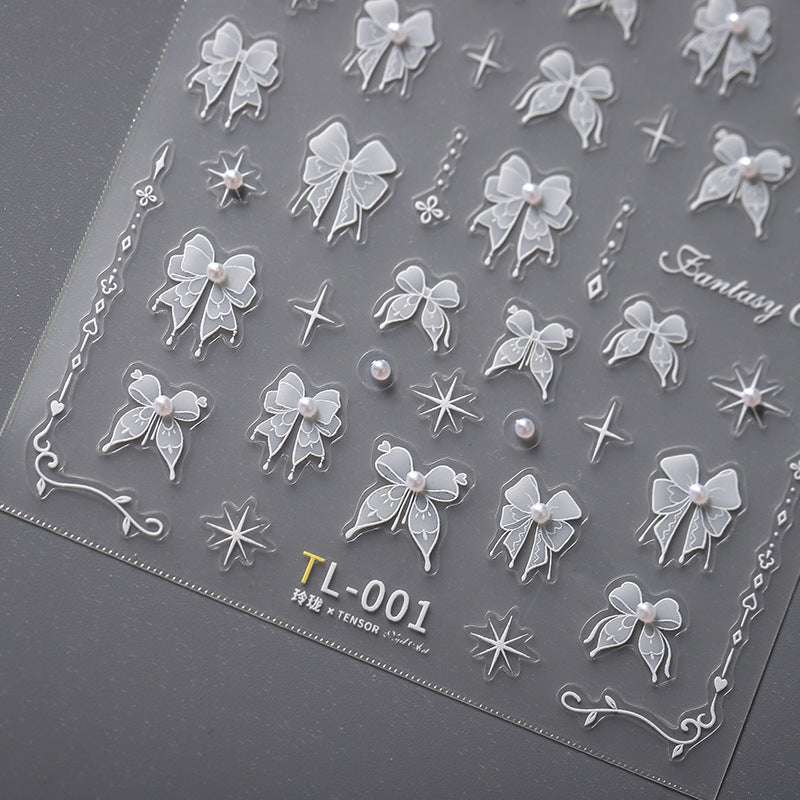 5D White Bowknot Nail Decal, Pearls Nail Decals, Star Nails Art Stickers, Embossed (330) - TensorNailArt