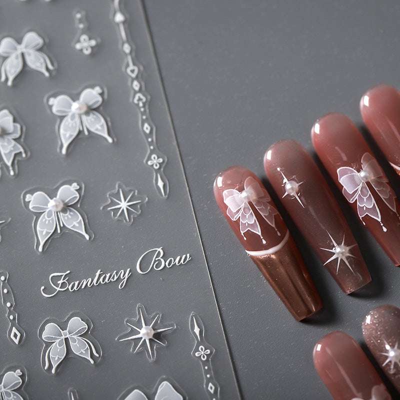 5D White Bowknot Nail Decal, Pearls Nail Decals, Star Nails Art Stickers, Embossed (330) - TensorNailArt