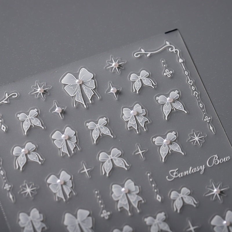 5D White Bowknot Nail Decal, Pearls Nail Decals, Star Nails Art Stickers, Embossed (330) - TensorNailArt