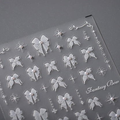 5D White Bowknot Nail Decal, Pearls Nail Decals, Star Nails Art Stickers, Embossed (330) - TensorNailArt