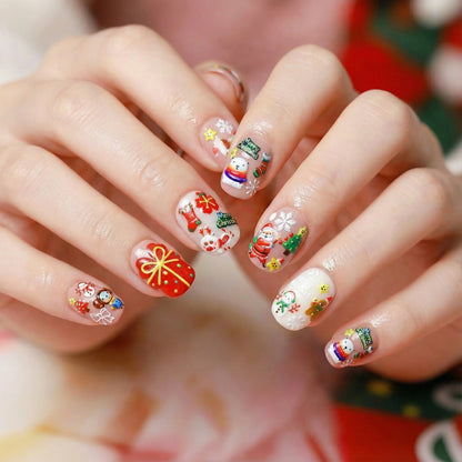 Nails with festive designs featuring Santa Claus, reindeer, and Christmas trees