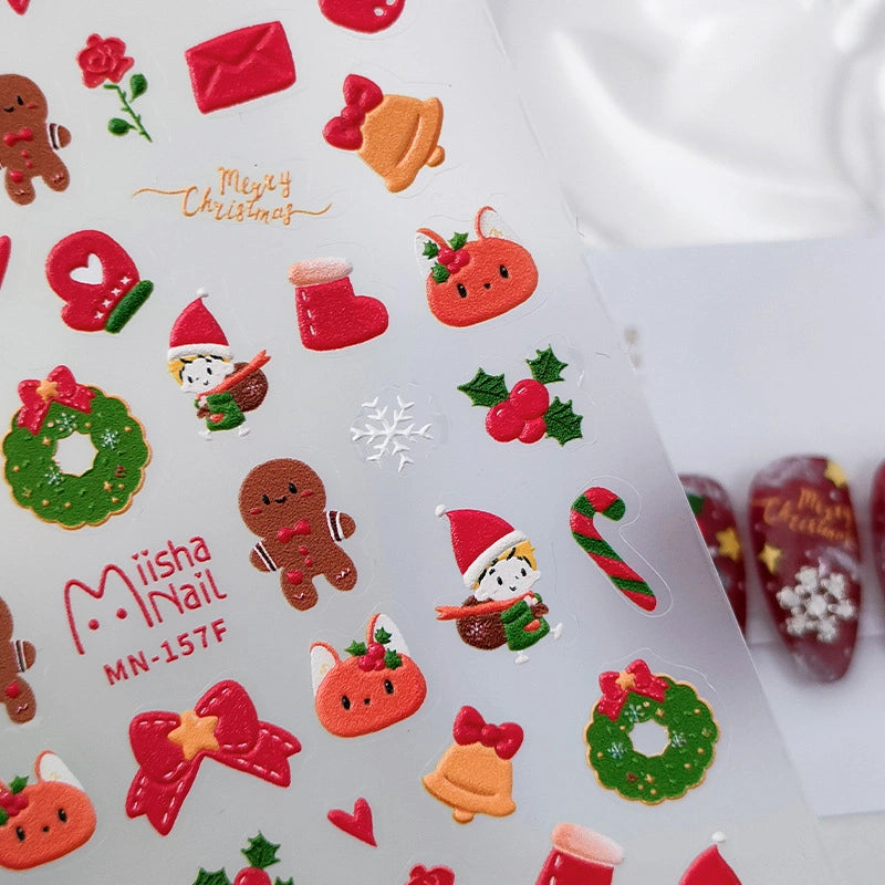 Cute Christmas nail stickers with gingerbread man, wreath and bell – festive holiday nail art decals
