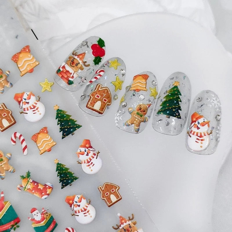 Cute Christmas nail stickers with snowman, candy cane, gingerbread man and star designs