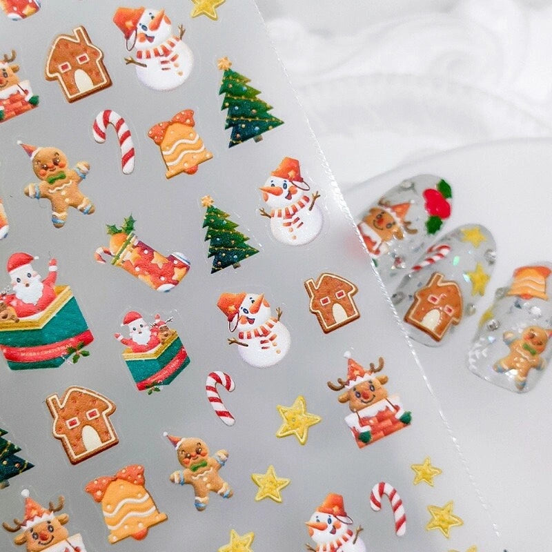 Christmas nail stickers with gingerbread man and Christmas tree on glitter clear nails – holiday nail art design