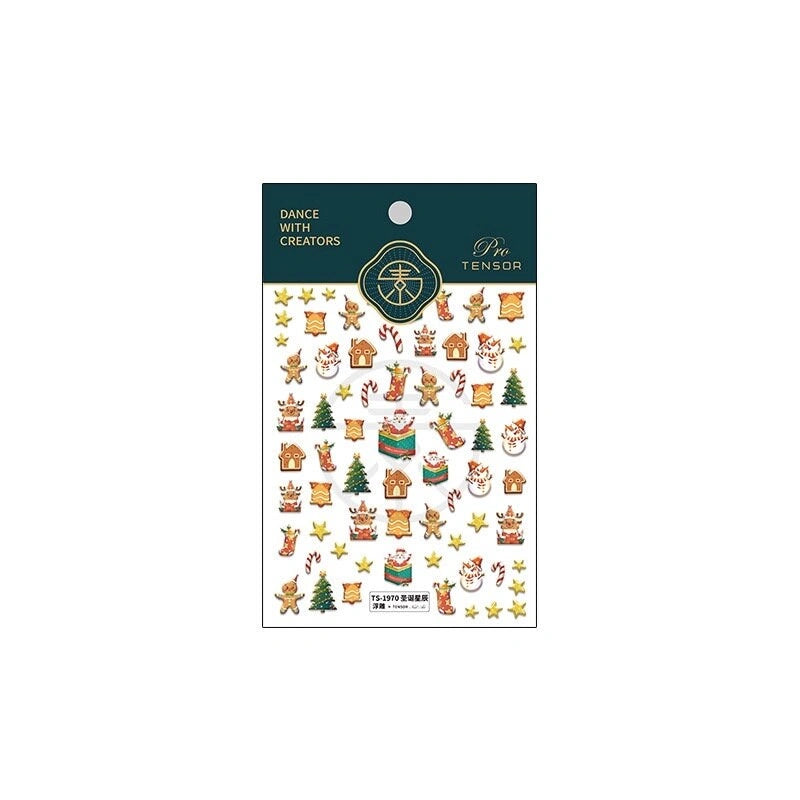 Christmas nail sticker set packaging with snowman, gingerbread and tree designs