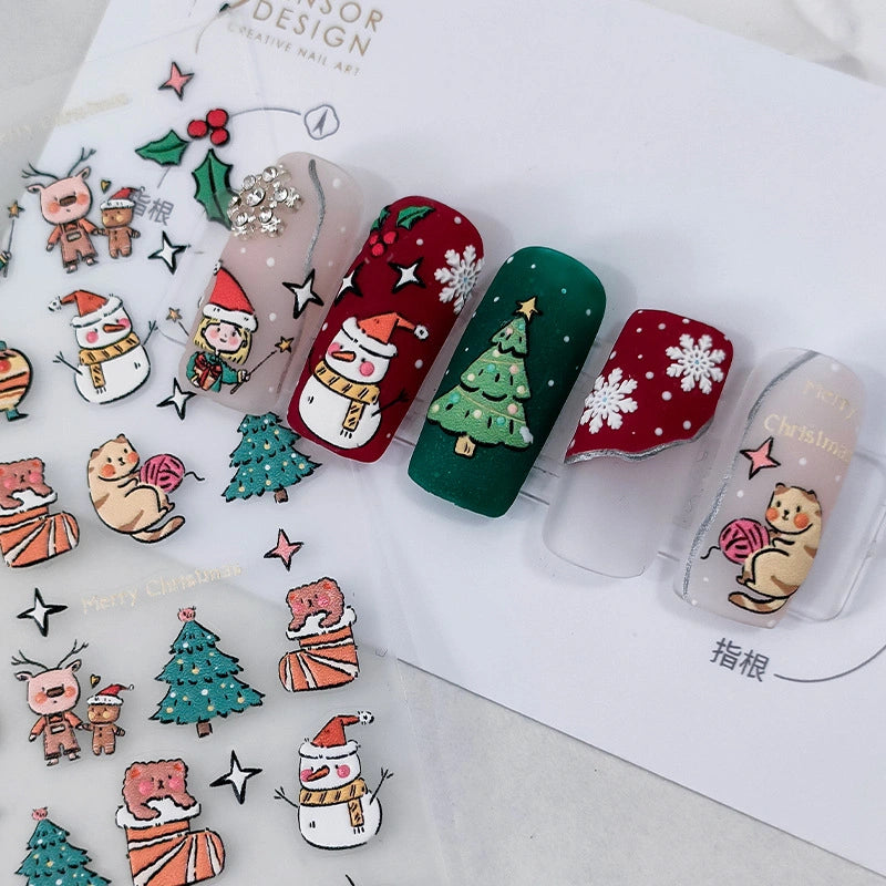 Hand Drawn Christmas Nail Stickers – Festive Character Designs (378)