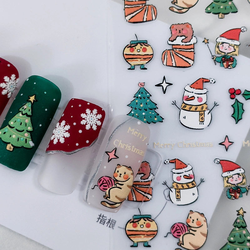 Hand Drawn Christmas Nail Stickers – Festive Character Designs (378)