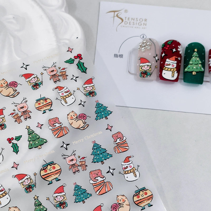 Hand Drawn Christmas Nail Stickers – Festive Character Designs (378)