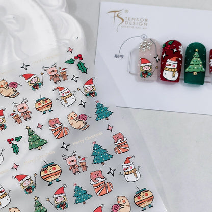 Hand Drawn Christmas Nail Stickers – Festive Character Designs (378)