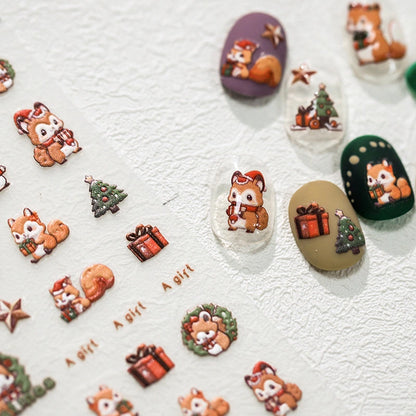 Cute squirrel Christmas nail stickers with gift and Christmas tree designs – festive holiday nail decals