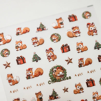 Christmas nail sticker sheet with squirrel, Christmas tree, wreath and gift designs