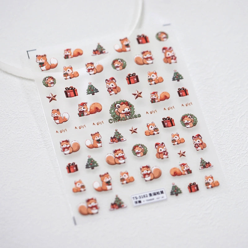 Christmas squirrel nail stickers sheet with gifts, trees and holiday wreaths