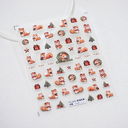 Christmas squirrel nail stickers sheet with gifts, trees and holiday wreaths
