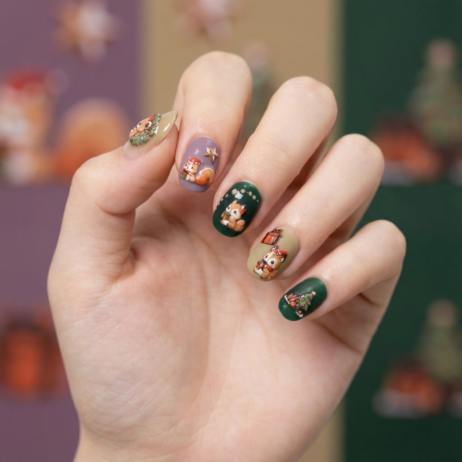 Christmas squirrel nail stickers applied on nails with gifts and Christmas trees – festive holiday manicure