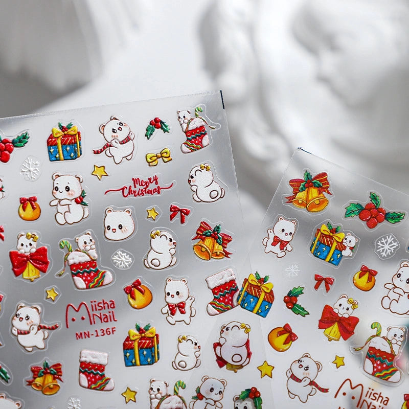 Cute Christmas white bear nail stickers with gifts, bells and stockings – holiday nail art decals