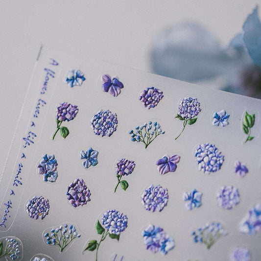 5D Purple Flowers Nails Decal, Blue Flower Embossed Nail Art Stickers, DIY Nail (390) - TensorNailArt