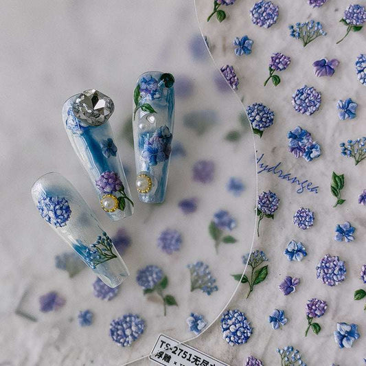 5D Purple Flowers Nails Decal, Blue Flower Embossed Nail Art Stickers, DIY Nail (390) - TensorNailArt