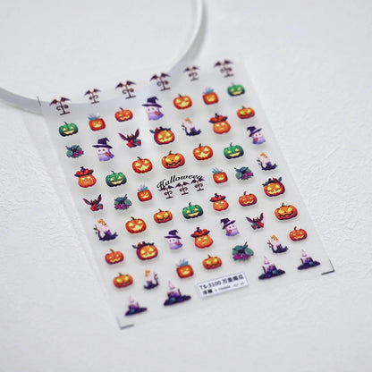 Halloween-themed 3D nail stickers with pumpkins and ghosts – perfect for October nail art.