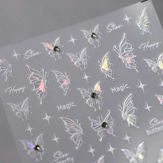 White Butterfly with Rhinestones Nail Stickers, Star Nail Decals (457) - TensorNailArt