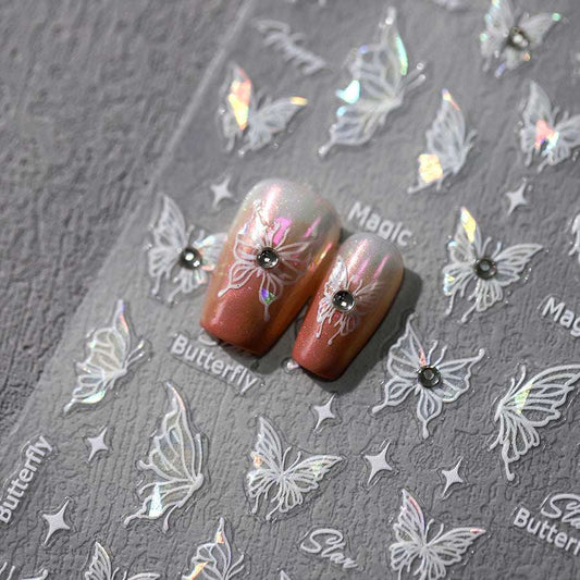White Butterfly with Rhinestones Nail Stickers, Star Nail Decals (457) - TensorNailArt
