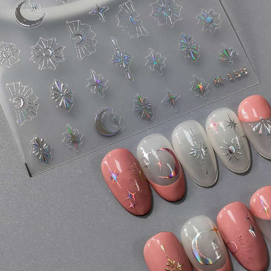 Gold & Silver Moon Nail Stickers, Gold Star Nail Decals, Sun Nail Stickers (461） - TensorNailArt