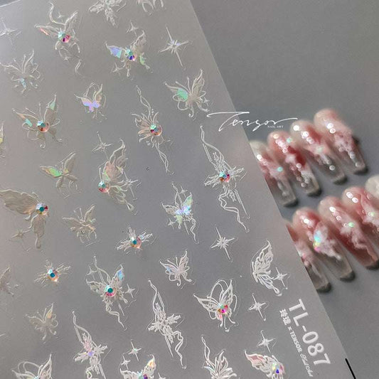 White Butterfly Nail Art Stickers, Rhinestones Nail Stickers(463) - TensorNailArt