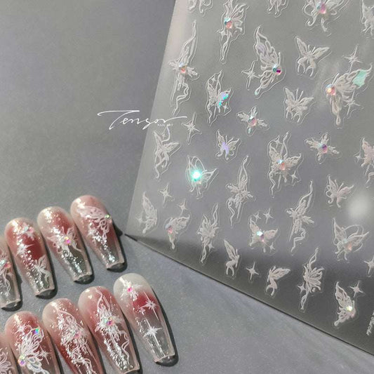 White Butterfly Nail Art Stickers, Rhinestones Nail Stickers(463) - TensorNailArt