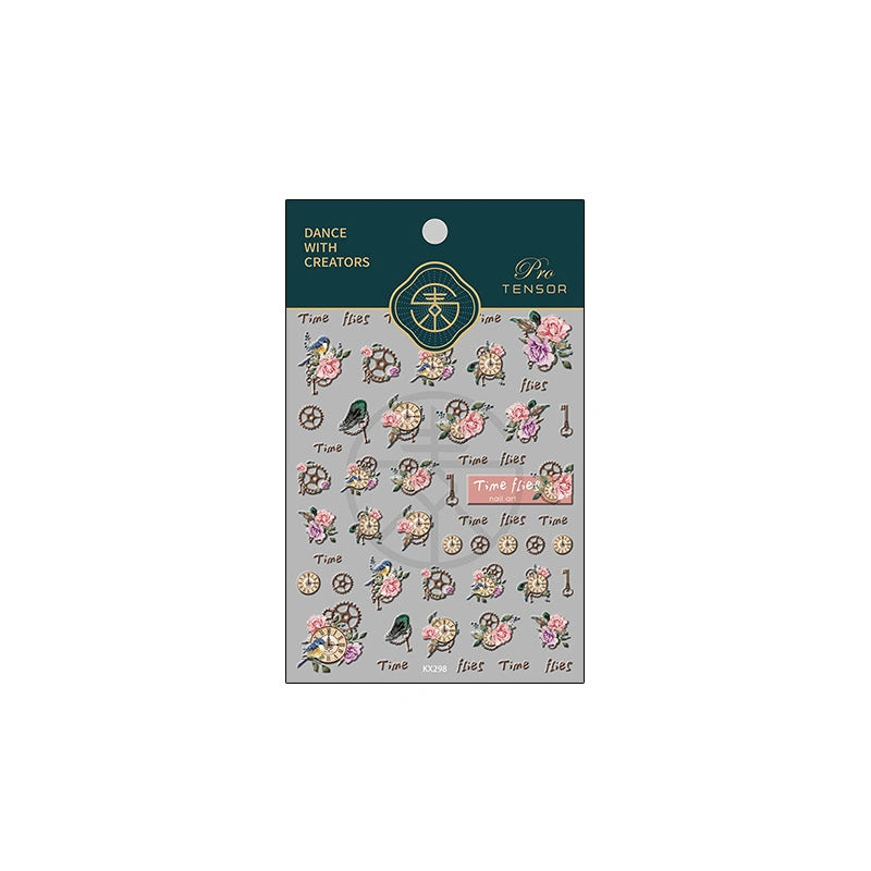 Vintage Clock & Rose Nail Stickers – Time Flies Gear and Bird Designs (53)