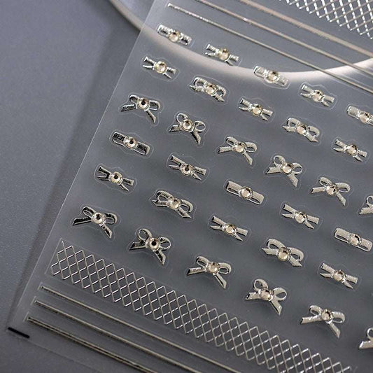 5D Gold and Silver Bowknot Nail Stickers, Line Nail Decals, Diamond Nails Art Stickers (433) - TensorNailArt
